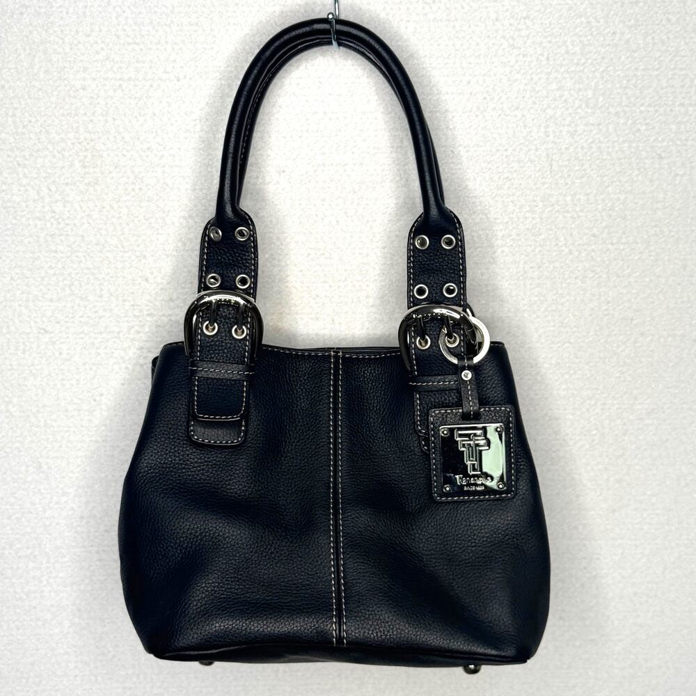 Tignanello Black Genuine Leather Satchel Handbag Buckle Top Handle Y2K